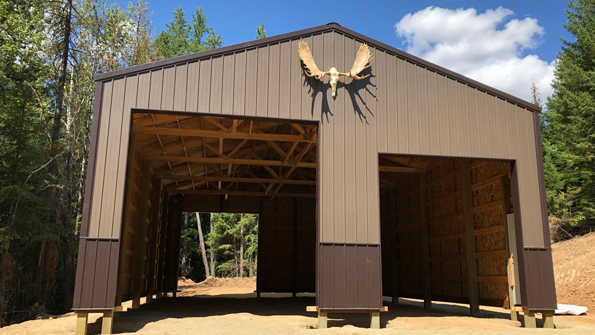 Stain Marys Idaho pole barn with mounted European moose skull.